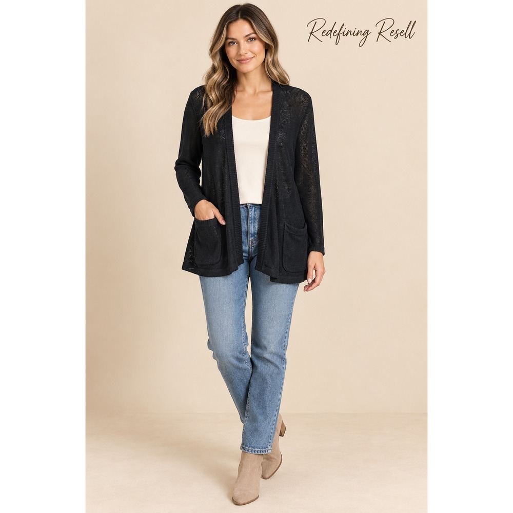 J. Jill Womens LP Large Petite Black Linen Cotton Open Front Cardigan Sweater
